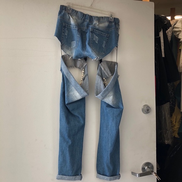 Cutout Denim Jeans w/ Pearl and Chain Designs - Picture 2 of 4